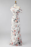 One Shoulder Black Sheath Chiffon Long Floral Dress