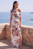 One Shoulder Black Sheath Chiffon Long Floral Dress