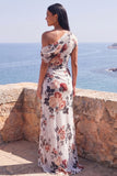 One Shoulder Black Sheath Chiffon Long Floral Dress