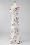 One Shoulder Black Sheath Chiffon Long Floral Dress