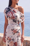 One Shoulder Black Sheath Chiffon Long Floral Dress