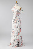 One Shoulder Black Sheath Chiffon Long Floral Dress