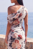 One Shoulder Black Sheath Chiffon Long Floral Dress