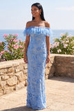 Blue Off the Shoulder Mermaid Ruffled Maxi Floral Dress