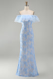 Blue Off the Shoulder Mermaid Ruffled Maxi Floral Dress