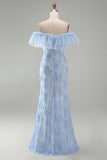 Blue Off the Shoulder Mermaid Ruffled Maxi Floral Dress