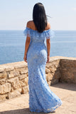 Blue Off the Shoulder Mermaid Ruffled Maxi Floral Dress