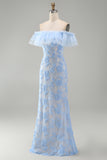 Blue Off the Shoulder Mermaid Ruffled Maxi Floral Dress