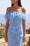 Blue Off the Shoulder Mermaid Ruffled Maxi Floral Dress