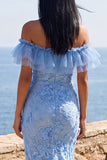 Blue Off the Shoulder Mermaid Ruffled Maxi Floral Dress