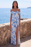Mermaid Blue Chiffon Off the Shoulder Ruched Maxi Floral Dress with Slit
