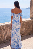 Mermaid Blue Chiffon Off the Shoulder Ruched Maxi Floral Dress with Slit