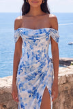 Mermaid Blue Chiffon Off the Shoulder Ruched Maxi Floral Dress with Slit