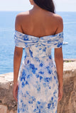 Mermaid Blue Chiffon Off the Shoulder Ruched Maxi Floral Dress with Slit