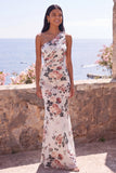 One Shoulder Ivory Mermaid Ruched Maxi Floral Dress