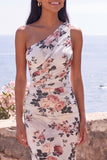 One Shoulder Ivory Mermaid Ruched Maxi Floral Dress