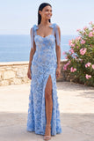 Blue Mermaid Bowed Straps Maxi Floral Dress with Slit