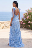 Blue Mermaid Bowed Straps Maxi Floral Dress with Slit