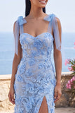 Blue Mermaid Bowed Straps Maxi Floral Dress with Slit