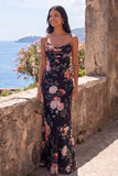 Black Mermaid Chiffon Cowl Neck Long Floral Dress