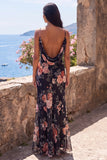 Black Mermaid Chiffon Cowl Neck Long Floral Dress