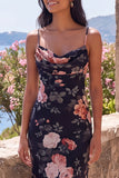 Black Mermaid Chiffon Cowl Neck Long Floral Dress