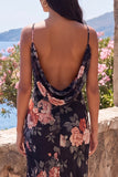 Black Mermaid Chiffon Cowl Neck Long Floral Dress