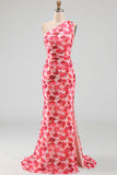 Pink Mermaid One Shoulder Maxi Floral Dress with Slit