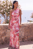 Pink Mermaid One Shoulder Maxi Floral Dress with Slit