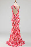 Pink Mermaid One Shoulder Maxi Floral Dress with Slit