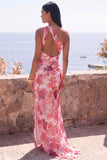 Pink Mermaid One Shoulder Maxi Floral Dress with Slit