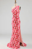 Pink Mermaid One Shoulder Maxi Floral Dress with Slit