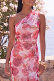 Pink Mermaid One Shoulder Maxi Floral Dress with Slit