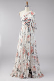 One Shoulder Ivory A-Line Ruched Maxi Floral Dress with Slit