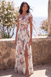 One Shoulder Ivory A-Line Ruched Maxi Floral Dress with Slit