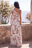 One Shoulder Ivory A-Line Ruched Maxi Floral Dress with Slit