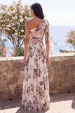 One Shoulder Ivory A-Line Ruched Maxi Floral Dress with Slit