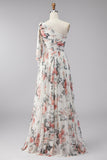 One Shoulder Ivory A-Line Ruched Maxi Floral Dress with Slit