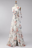 One Shoulder Ivory A-Line Ruched Maxi Floral Dress with Slit