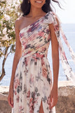 One Shoulder Ivory A-Line Ruched Maxi Floral Dress with Slit