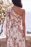 One Shoulder Ivory A-Line Ruched Maxi Floral Dress with Slit