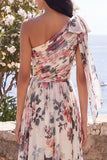 One Shoulder Ivory A-Line Ruched Maxi Floral Dress with Slit