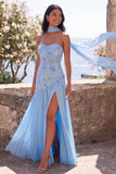 Blue Sweetheart A-Line Side Slit Maxi Floral Dress with a Neck Scarf