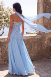 Blue Sweetheart A-Line Side Slit Maxi Floral Dress with a Neck Scarf