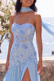 Blue Sweetheart A-Line Side Slit Maxi Floral Dress with a Neck Scarf