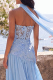 Blue Sweetheart A-Line Side Slit Maxi Floral Dress with a Neck Scarf