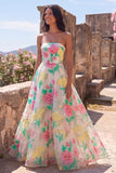 Daffodil Pink Flower A-Line Strapless Maxi Floral Dress