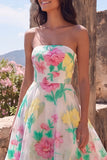 Daffodil Pink Flower A-Line Strapless Maxi Floral Dress