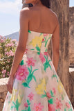 Daffodil Pink Flower A-Line Strapless Maxi Floral Dress
