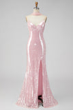 Yellow Mermaid Spaghetti Straps Maxi Sequin Dress with Slit